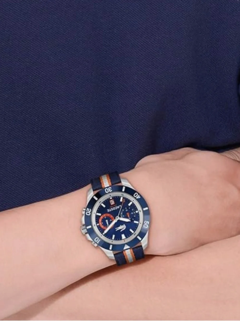 Blue Lacoste Blue and Orange Sport Chronograph Watch